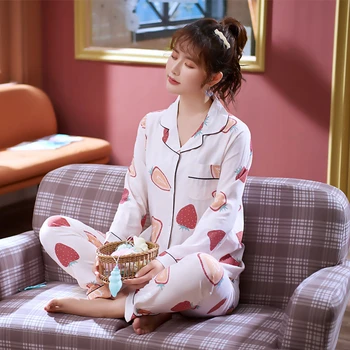 

Pyjamas Women 100% Cotton Long Sleeves Ladies Pajama Sets Cute Cartoon Fruit Print Japanese Simple Sleepwear Homewear Pijamas