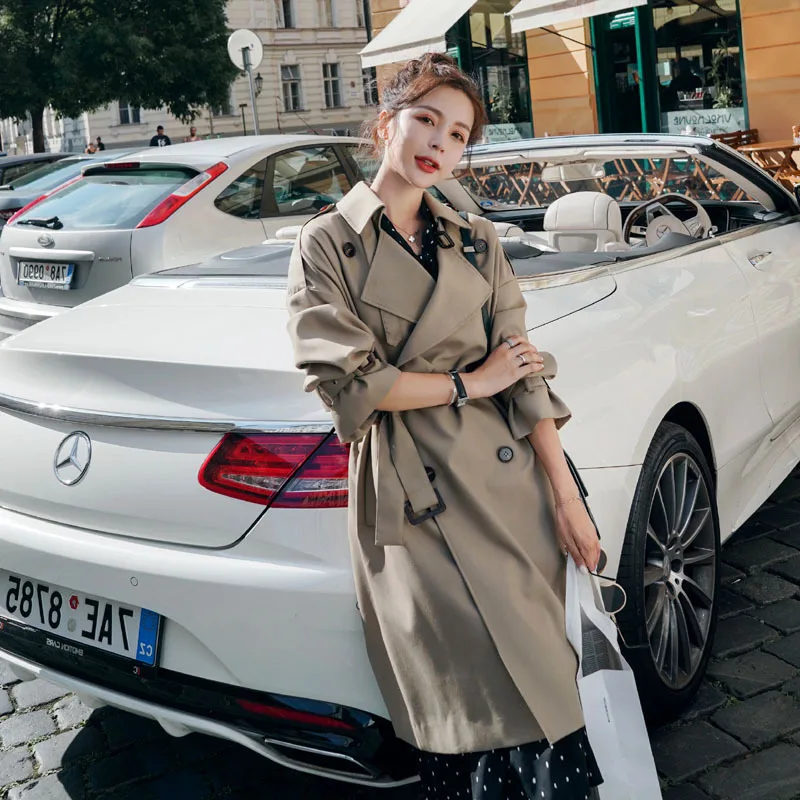 

2019 Khaki Windbreaker Women's Long Autumn New Loose Temperament Over-the-knee Coat Long Trench Coat