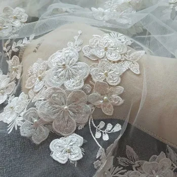 

Haute couture 3D flowers white fabric 1 yard,embroidered tulle mesh African lace with besded bridal dress gown accessories