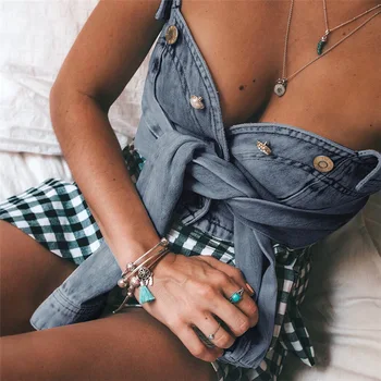 

Women Jeans Tube Tops Sexy Summer Fashion Casual Off Shoulder Button Up Crop Tops Backless Female Streetwear Top