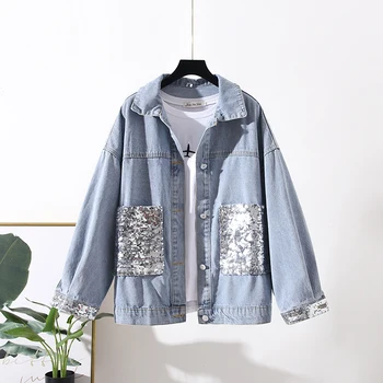 

Spring Autumn Loose Vintage Denim Jacket Women Long Sleeve Sequin Pocket Jeans Jacket Harajuku Plus size Women Outerwear H279