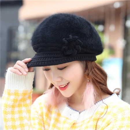 [DINGDNSHOW] New Skullies Beanies Hat Wool Bowknot Bonnet Hat Warm Knitted Winter Cap Women Hat - Цвет: black adult