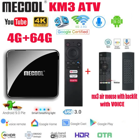 ТВ-приставка MECOOL KM3 A 4 + 64 ГБ Amlogic S905X2 4K 9 0 ГГц bluetooth 2 | Электроника