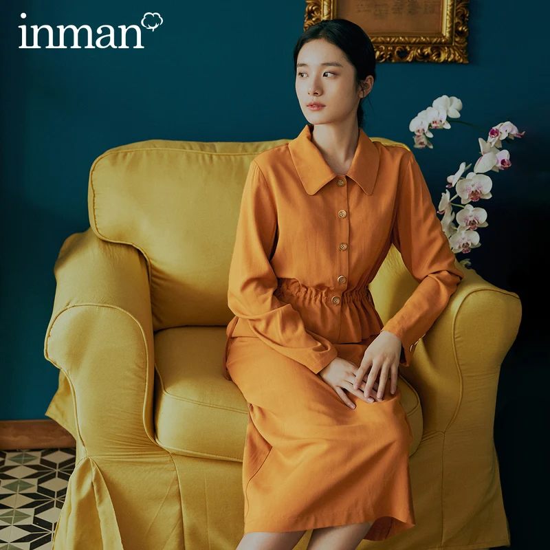 

INMAN 2020 Spring New Arrival Literary Retro Long Sleeve Lapel Drawstring Coat Skirt Suit