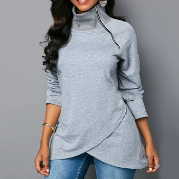 

2020 Europe and America Fashion Women Sexy Zipper Design Turn-down Collar Gray Solid sweatshirt womens