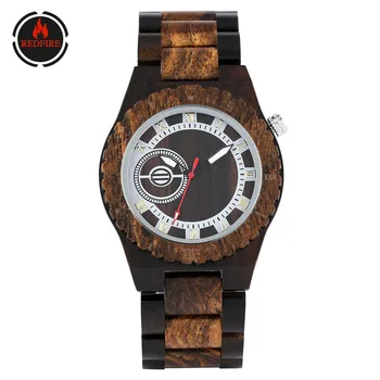 

REDFIRE montre homme Wooden Clock Men's Watch Quartz Movement Ebony Wood Creative Fashion Mens Watches Bangle Timepiece