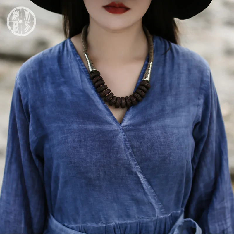 

North Tribe Dress Chinese-style Origional 2019 Handmade Fried Color Retro Cotton Linen Dress Women's with Belt