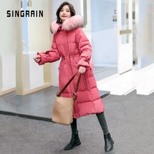 SINGRAIN Long Women Hooded Down Jacket Raccoon Real Fur Collar Warm Overcoat Fashion Thick Outerwear Winter White Duck Down Coat