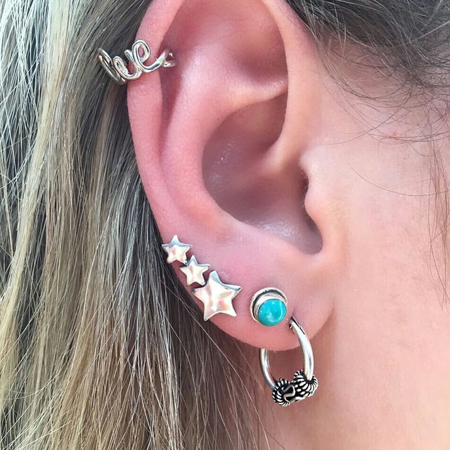 Exquisite Vintage Earring Set for Women Punk Jewelry Vintage Silver Color Carved Geometric Pattern Round Earrings Clip