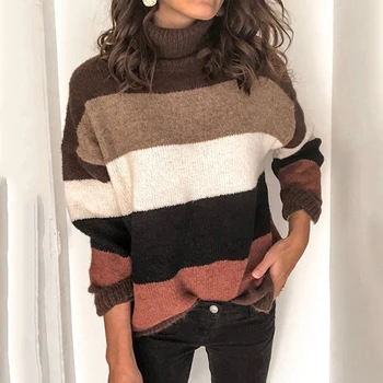 

Women Turtleneck Sweaters New Autumn Winter Fashion Knitted Patchwork Jumpers Female Casual Long Sleeve Warm Oversized Sweaters