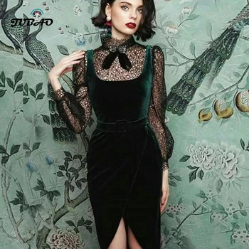 

Velvet New Dress Sexy Lace Perspective Long-Sleeved Bow Skinny Club Party DressDark Green Vestidos see through midi dress 2020