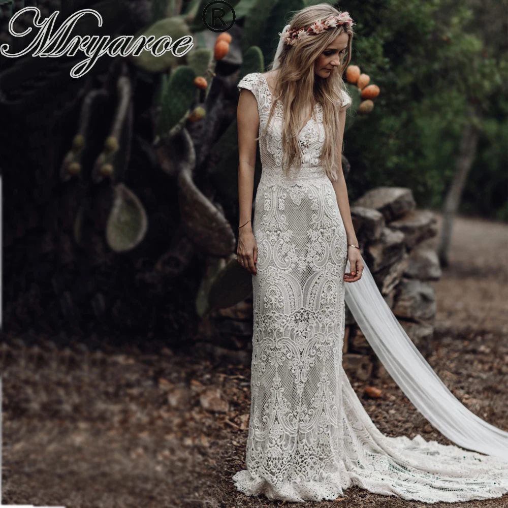 Mryarce уникальное винтажное кружевное свадебное платье в стиле бохо с рукавами-крылышками и открытой спиной Богемские свадебные одежды