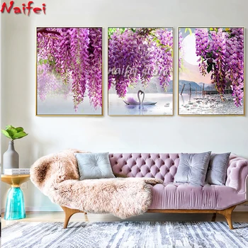 

Triptych diamond embroidery Purple Flower Tree Swan Lake Landscape Picture Scandinavian Scenery Nature diamond Painting 3 pcs