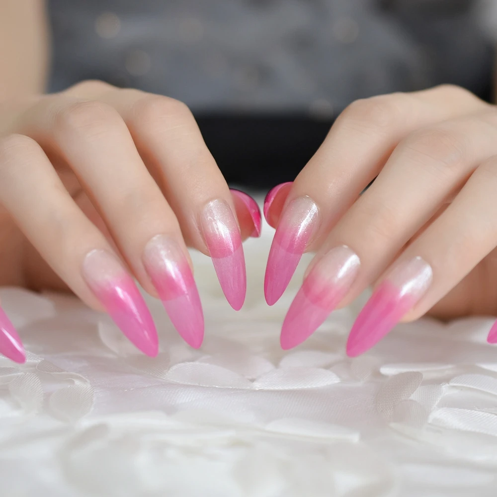 HotPink Stiletto French Fake Nail Tips Half Transparent Shimmer Lady Artificial Extra Long Pre-designed Faux Ongles 24 | Красота и