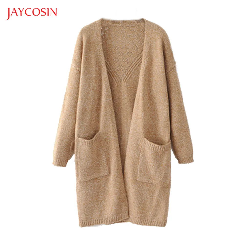Jaycosin Женская одежда, Осенний Стандартный вязаный кардиган, свитер, женский свободный вязаный свитер с длинным рукавом, одноцветные женские свитера