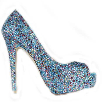 

Blue Rhinestone Peep Toe Stiletto Heel Bridal Dress Shoes Women Banquet wedding Dress Shoes Popular FormalPumps