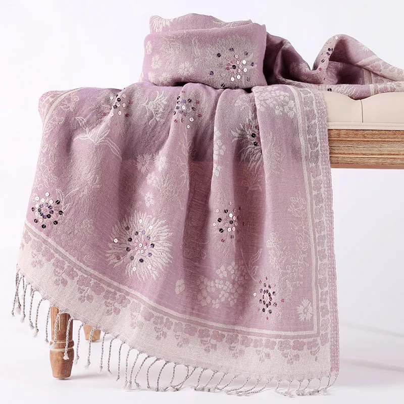 

Handmade Beads Women Embroidery Cachecol Feminino Ultra Long Cashmere Blend Scarves Tassels Imitation Cashmere Muslim Hijab