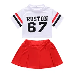 Girls Red Cheerleader Costume Kids Pleated Skirt Set Dance Show Stage Performance Children Competition Cheer School Team Uniform