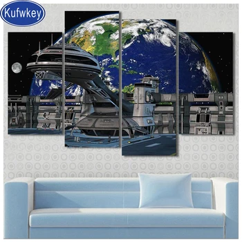 

4piece diamond embroidery Earth & Moon View Futuristic Station full square diamond painting cross stitch,full round drill mosaic