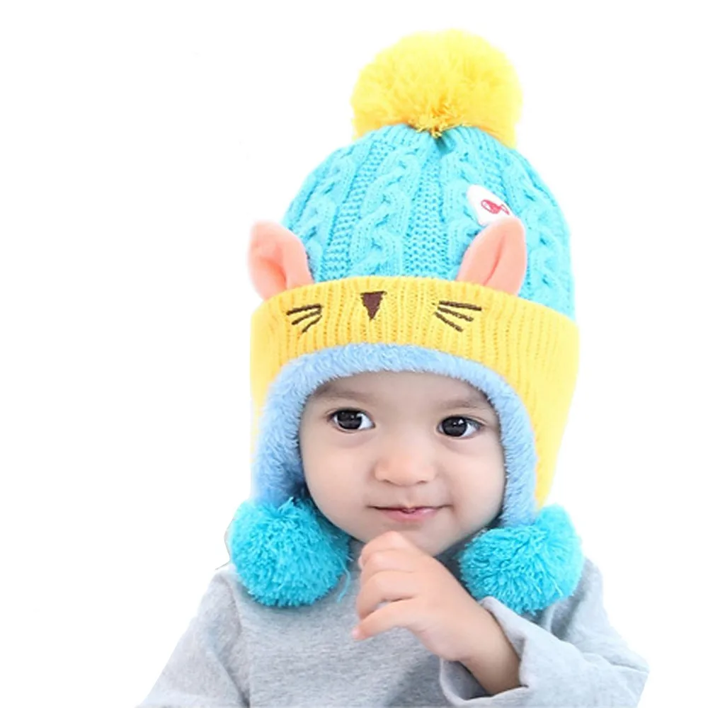 Зимняя шапка для детей 1-3 лет, теплые модные вязаные шапки с ушками животных и котов, сохраняющие тепло, детская шапочка с помпоном