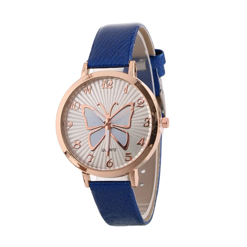 Большой круглый циферблат мягкий кожаный ремешок кварцевые наручные часы Элегантные для женщин Бабочка узор повседневное женский подарок для студента - Цвет: 3