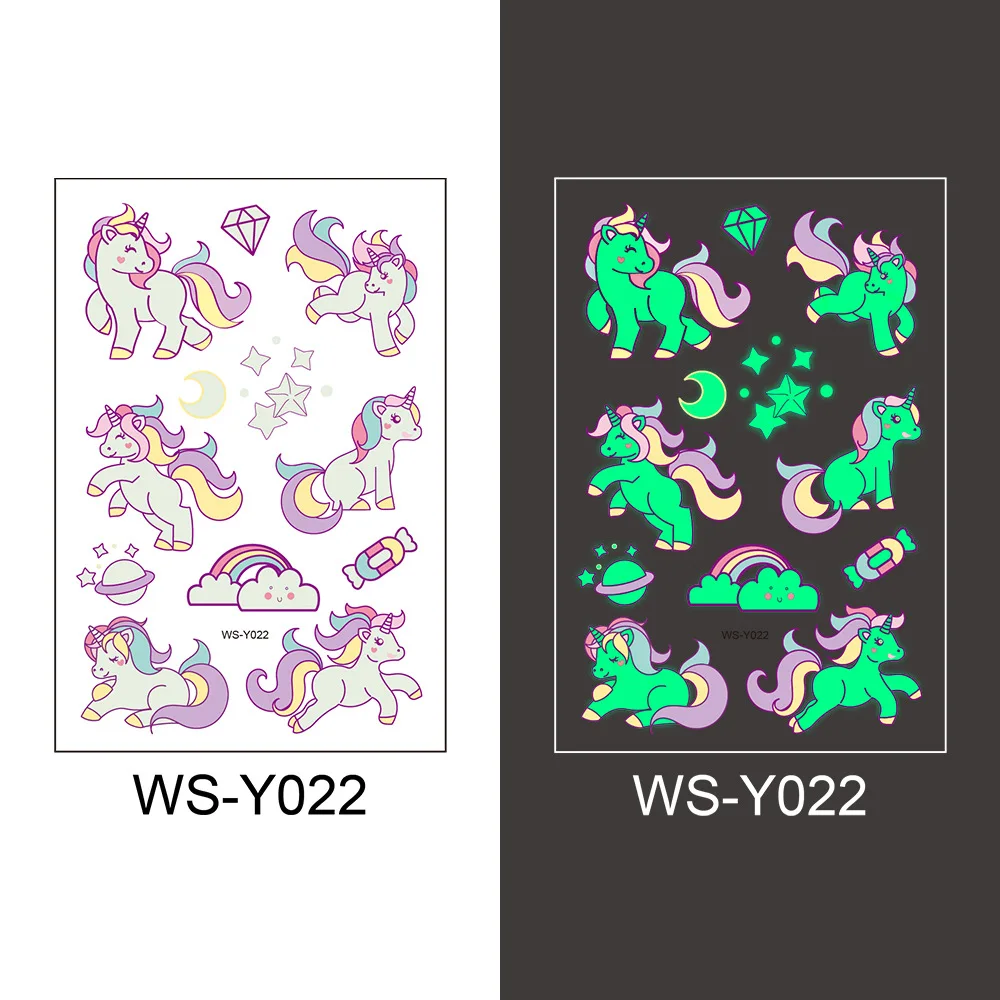 Tattoo Sticker Luminous Temporary Children Arm Face Glowing Waterproof Body Art Dinosaur Pirate Unicorn Mermaid Cartoon
