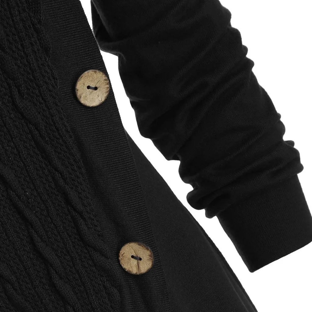 Женщины плюс размер сплошной цвет вязаный свитер сшивание Кнопка кучи воротник с капюшоном неровный вязаный свитер два способа носить