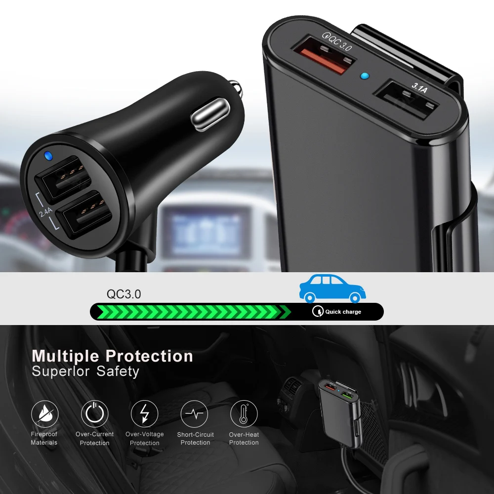 4 порта USB QC 3,0 Автомобильное зарядное устройство с 1,7 м удлинительным кабелем со съемным зажимом для мобильного телефона планшета gps Автомобильное зарядное устройство для iPhone