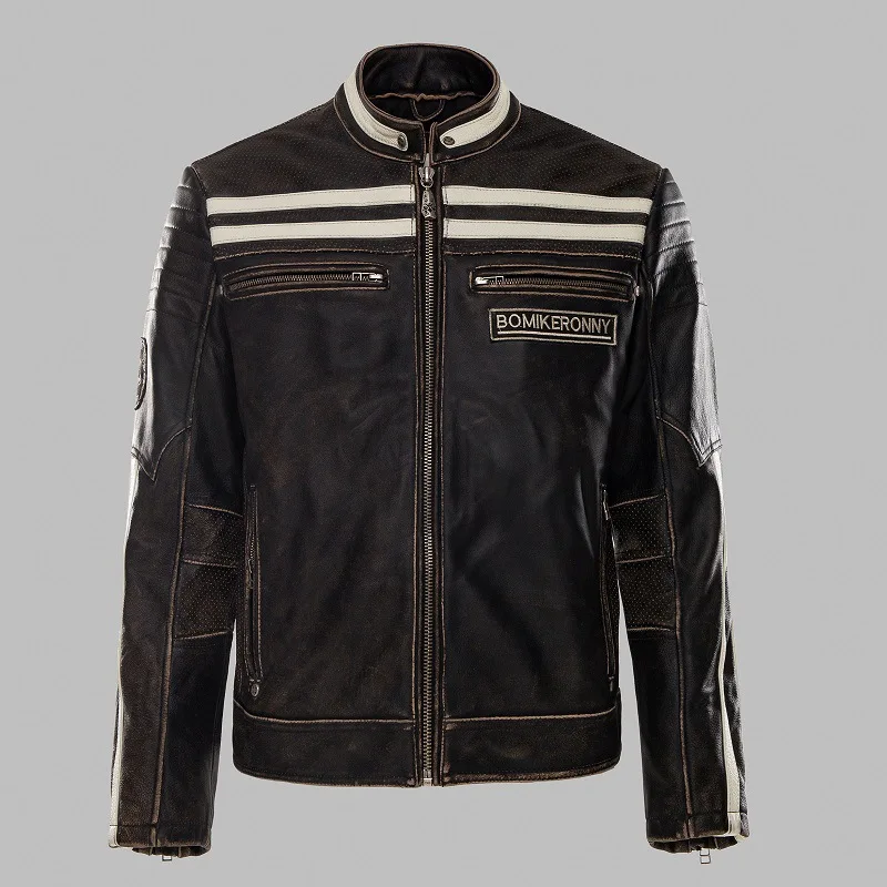 

Slim StandCollar Autumn Clothing Distressed Vintage Skull Embroidery Cow Leather Rider Jacket Genuine Leather Motorcycle Leather