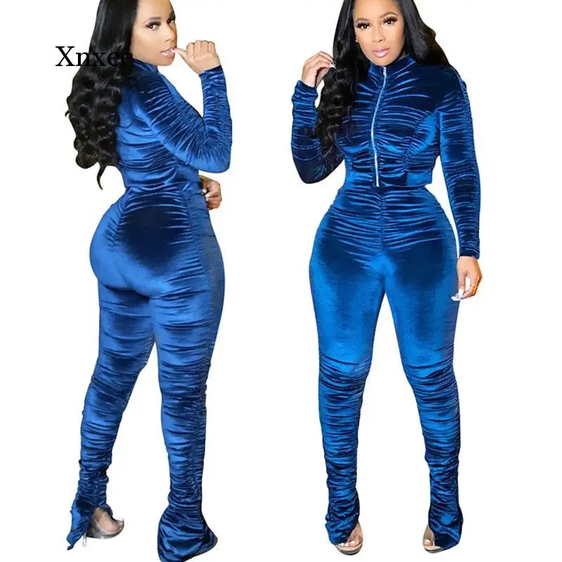 

Vintage Sports Velvet Folds Leggings Two Piece Set Long Sleeve Loungewear Suit Women Outfits Zipper Stacked Trousers Sweatsuit