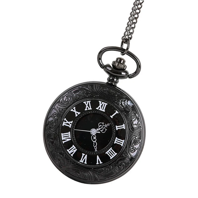 

Cool Black Dress Pocket Watch Fashion White Rome Scale Hollow Cover Case Men Women Chain Reloj Hot Sell Casual Gift