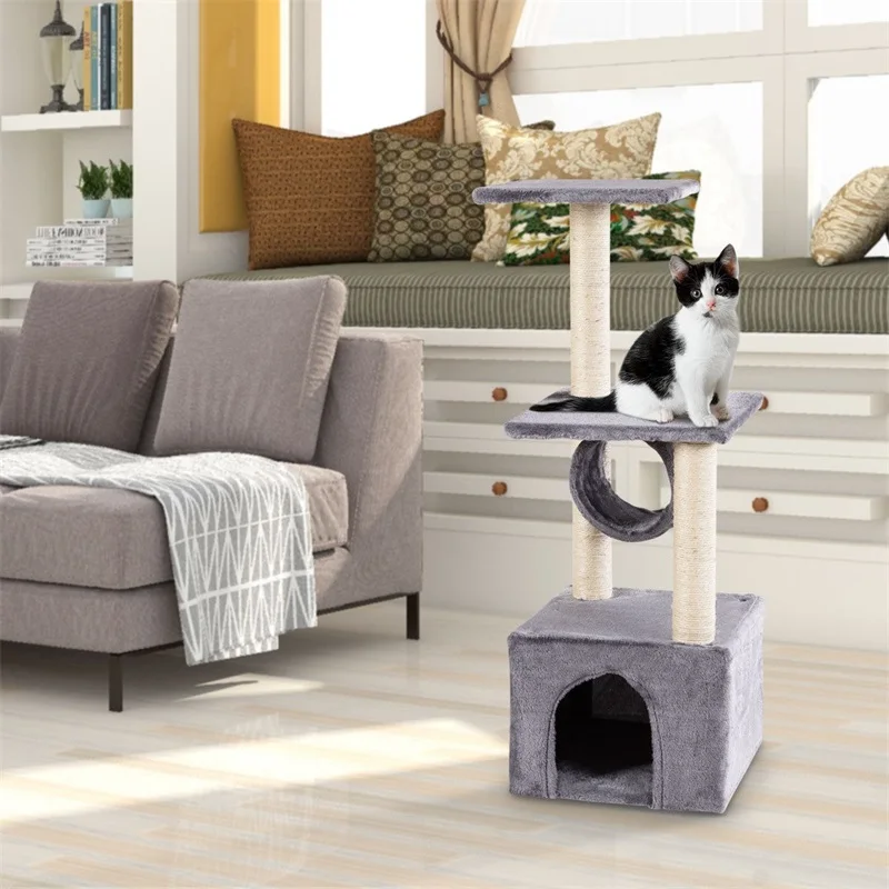 

37" Cat Tree Condo Kitten Pet House with Scratch Post 3 Layer Cat Climbing Tree Scratching Post Board Cat Jumping Fram PS7057