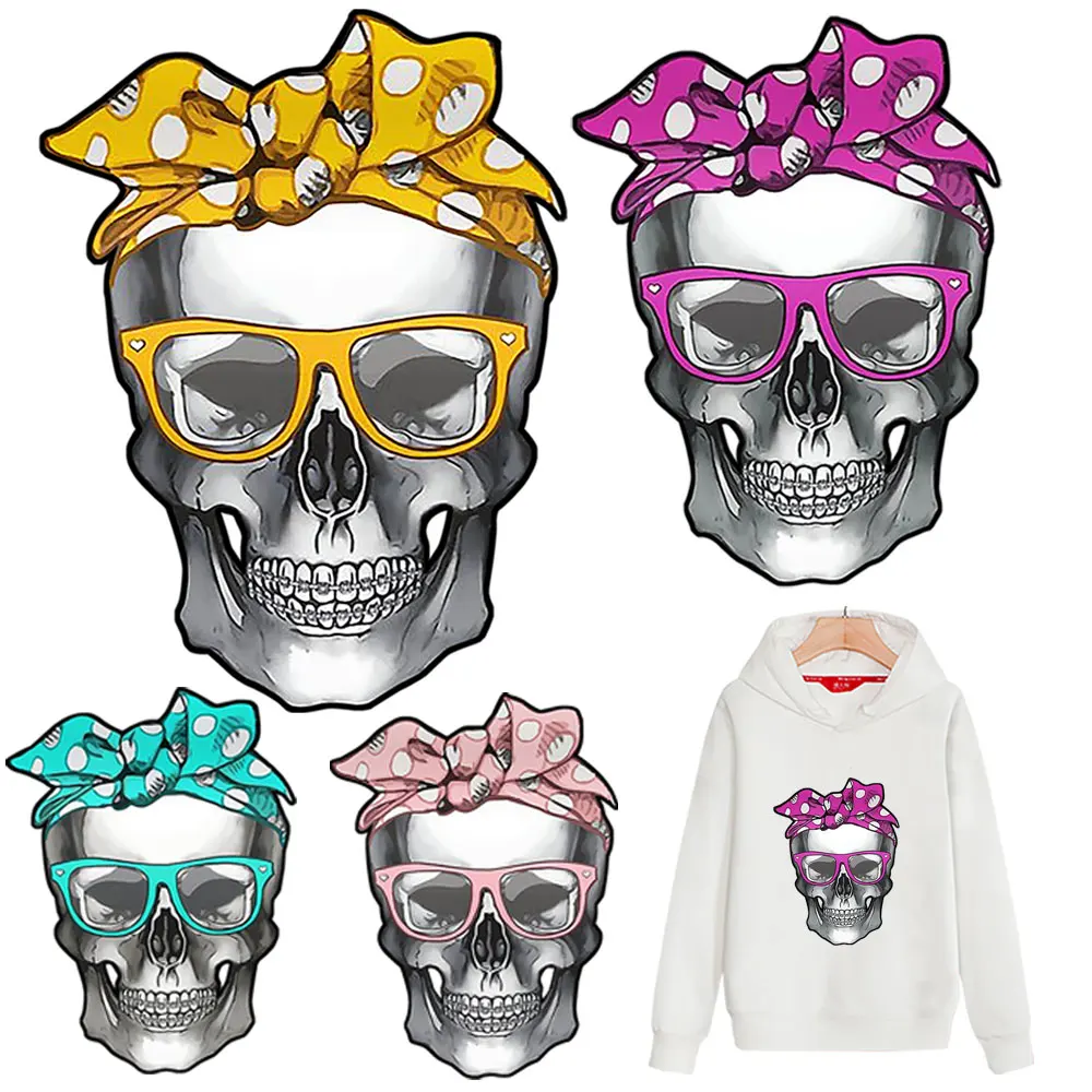 Funny Punk Skull Heat Transfer Vinyl Sticker Print-on Women Kids T-shirt Iron On Patches For Clothing Applique A-level Washable | Дом и сад