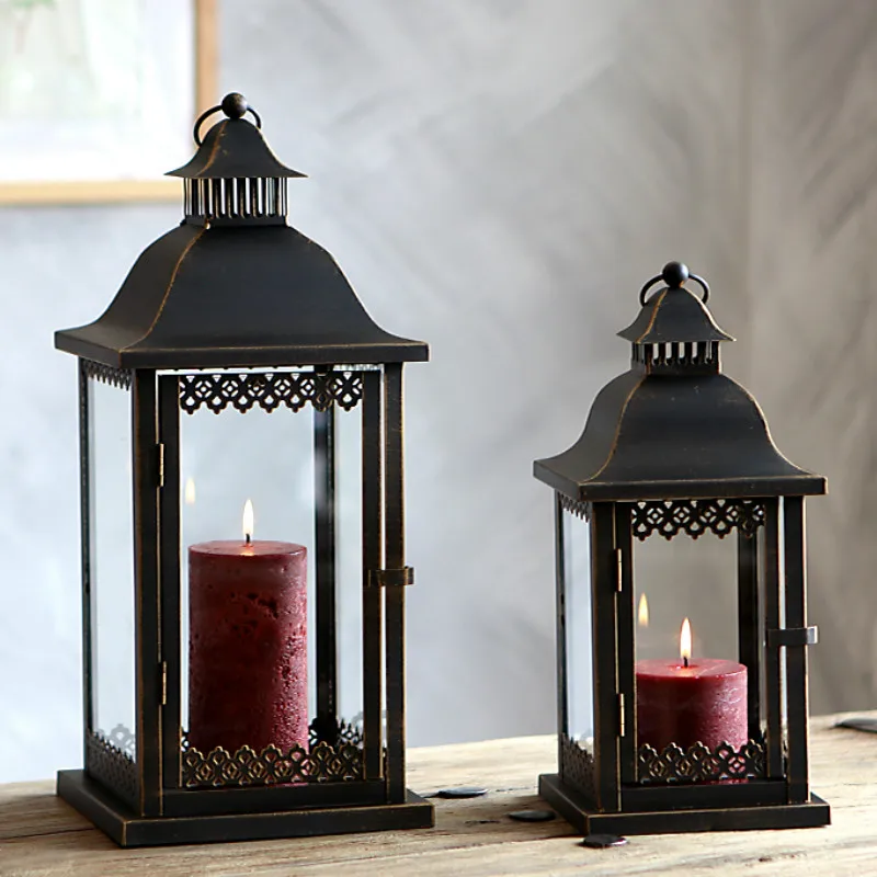 

Windproof Small Black Iron Outdoor Candle Holder Glass Crystal Nordic Candle Holder Metal Kandelaar Candlestick Table JJ60ZT