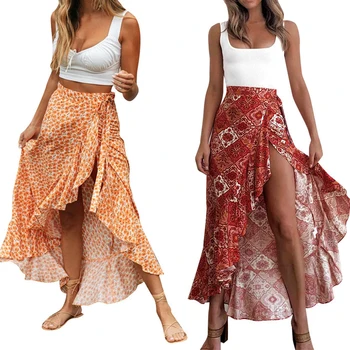 

Floral Printed Women Skirt 2020 Spring Summer Split Ruffle Skirt Bohemian Flower Print Sexy Ladies Beach Skirts Female Falda D30