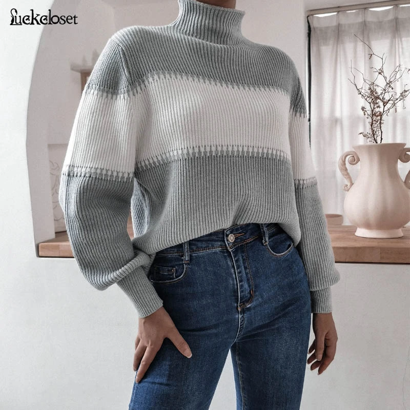 

Stripe Basic Ribbed Turtleneck Women Pullover Sweater High Neck Knitted Jumper Top Fall Autumn Winter Sweater