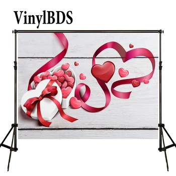 

VinylBDS Valentine's Gift Box Backdrops Photo Background Vintage White Wooden Wall Backdrop Red Silk Ribbon Backdrops for Studio