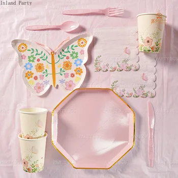 

118pcs Disposable Tableware Paper Plate Straw Cup Napkin Butterfly Flower Design for Wedding Birthday Decoration Party Supplies