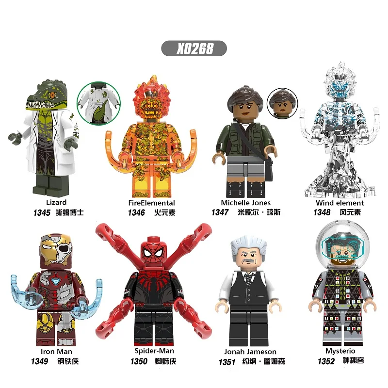

50Pcs Building Blocks Super Heroes Lizard FireElemental Michelle Jones Spirderman Mysterio Dolls Figures Toys For Children X0268