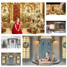 

Mocsicka Winter Christmas Background Wooden Door Wreath Decoration Style Child Portrait Photo Backdrop Photography Banner