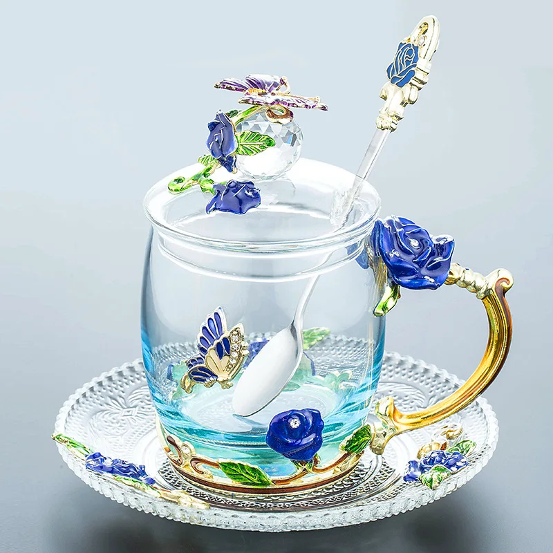 YeFine красота и Новинка эмалированное стекло кофейная чашка цветочный чай чашки для горячих и холодных напитков чайная чашка ложка Набор идеальный подарок