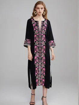 

Summer new Bohemian Tourist Holiday Beach Island dress ethnic style retro Rose Embroidery V-Neck long dress
