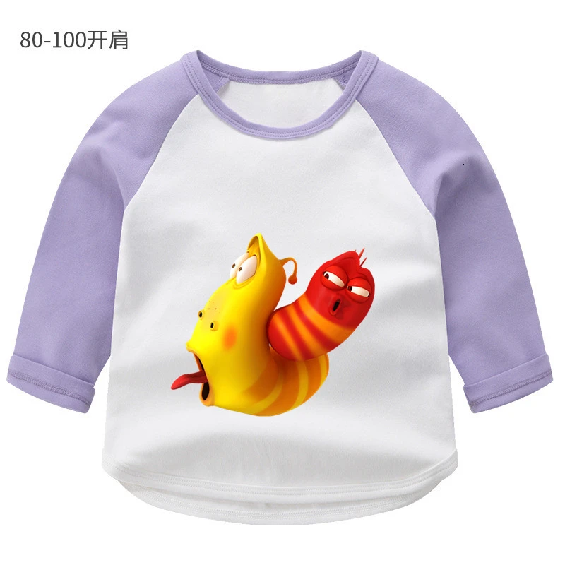 wholesale Animation Larva Summer O-Neck PRINT Tops Boys Girls splice color Long sleeve Children Cartoon T shirt Baby