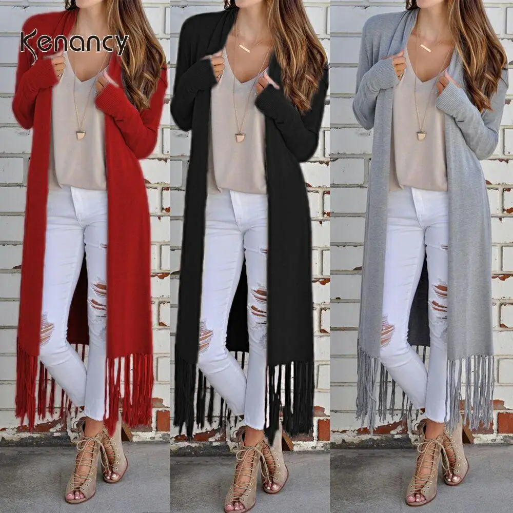 Kenancy 2019 New Fringed Women Cardigan Autumn Long Sleeved Sweater Coat Solid Simple Knitted Outerwear Female Tops |