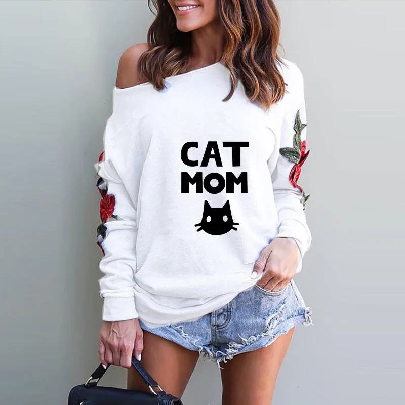 Kawaii Cat Mom Print T Shirt Female Plus Size Tee Shirts Off Shoulder Tops Big Size Fashion T-Shirt For Women Pocket TShirt