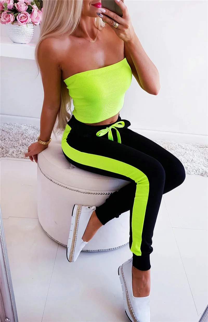 

Women Sweatpants Patchwork Design Color Matching Mid Waist Pencil Pants Fashion Lady Slim Trousers for Sport Streetwear