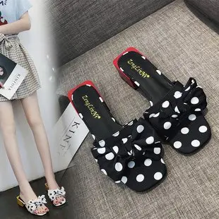 

2019 Summer New Style Slipper Korean-style Dotted Bow Double Purpose Slippers Comfortable Square Heel WOMEN'S Shoes