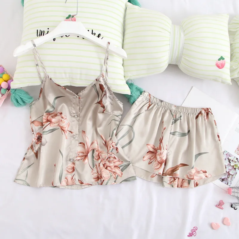 two piece set Fiklyc нижнее белье, Новое поступление, летний комплект из трех предметов, атласная пижама с принтом, роскошные и элегантные женские повседневные пижамы, горячая распродажа - Color: two piece set