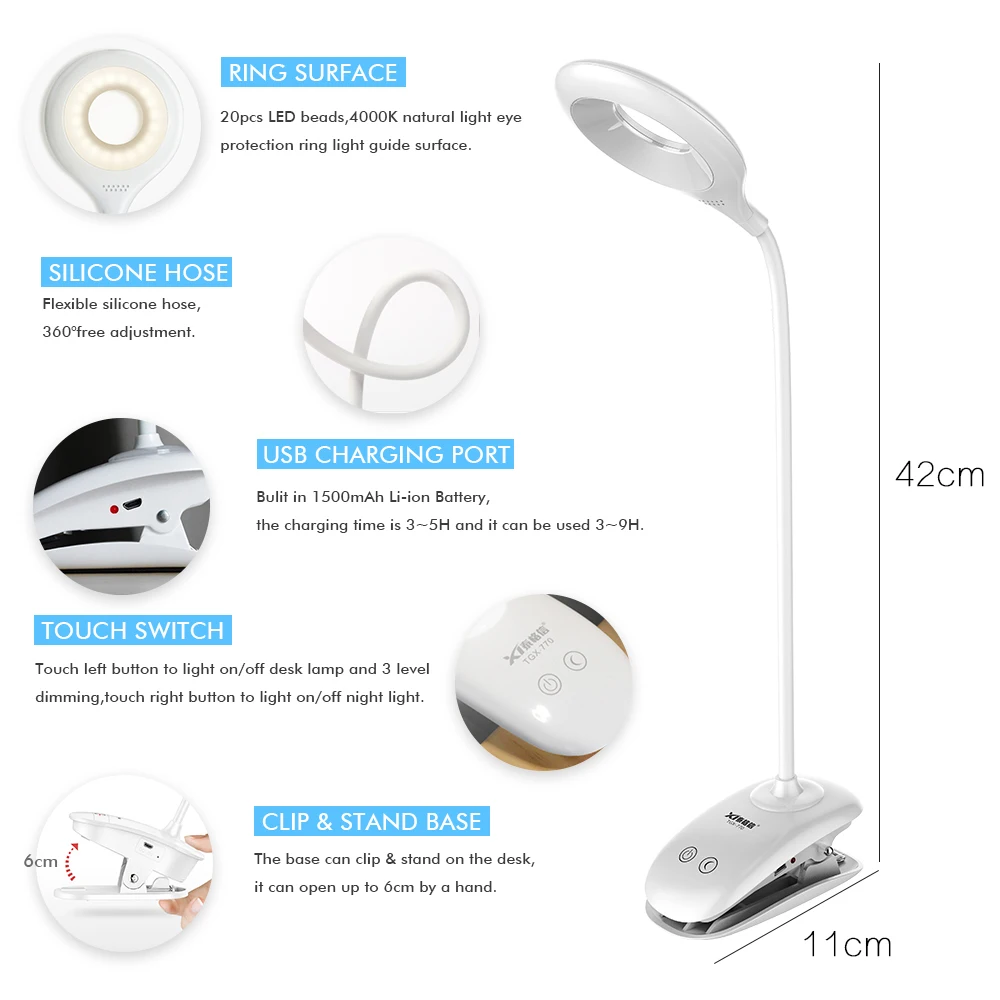  LED Flexo Desk Lamp Table Lamp USB Rechargeable LED Portable Clip-On Touch Touch Switch Study Read  - 32920601724
