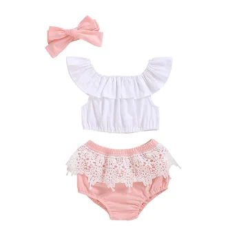 

infant baby girls fly sleeve off shoulder tops T-Shirts lace patch bottoms bow headbands newborn outfits clothes set 3pcs 0-18M